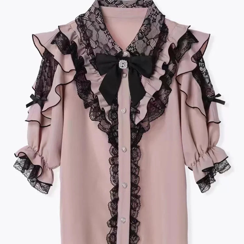 Women's Kawaii Lolita Blouse – Japanese-Inspired Peter Pan Collar Shirt with Lace & Bow Details Bazaare Mart Blouse