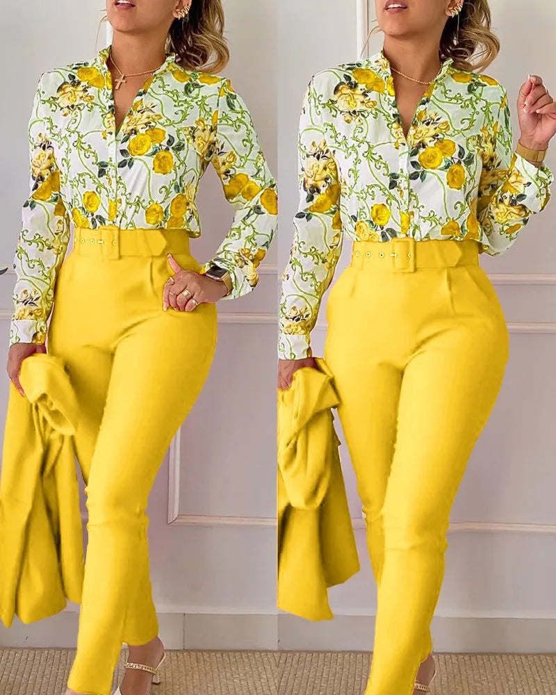 Print Long Sleeve Shirt Matching Pants Sets With Belt