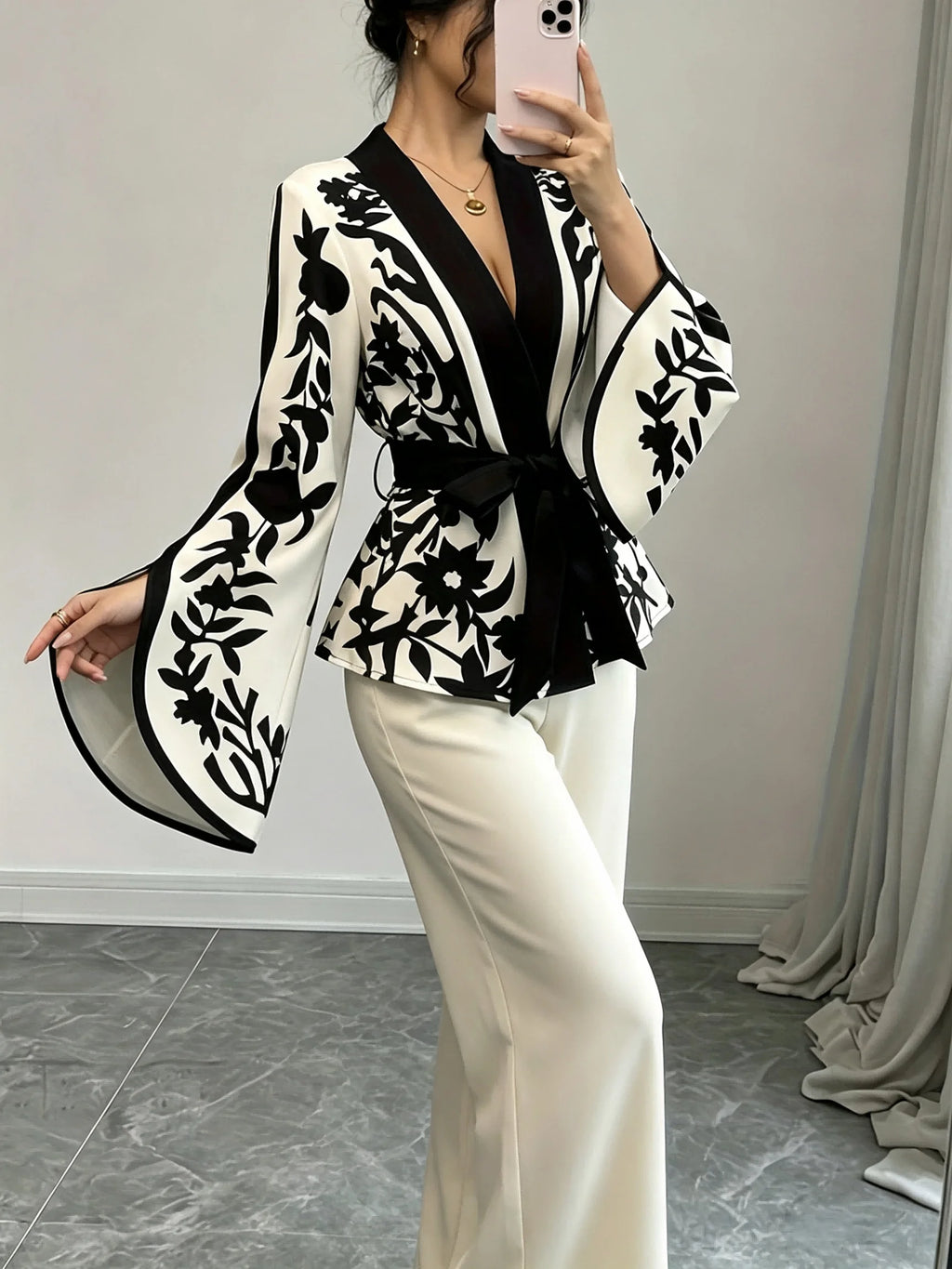 B&W Floral Print Wrap Blouse