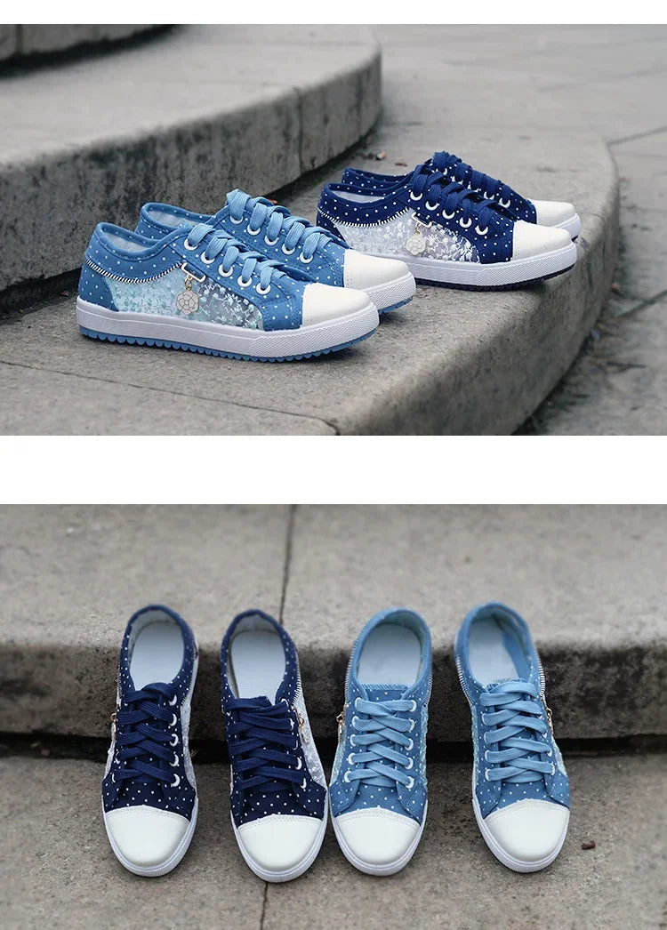 Unique Hollow Mesh Polka Dot Denim Sneakers