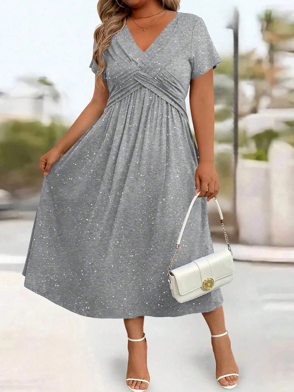 Powder Sprinkled Twisted Knot with Pockets V-neck Dress Bazaare Mart Plus Size Short Sleeve Midi Dress