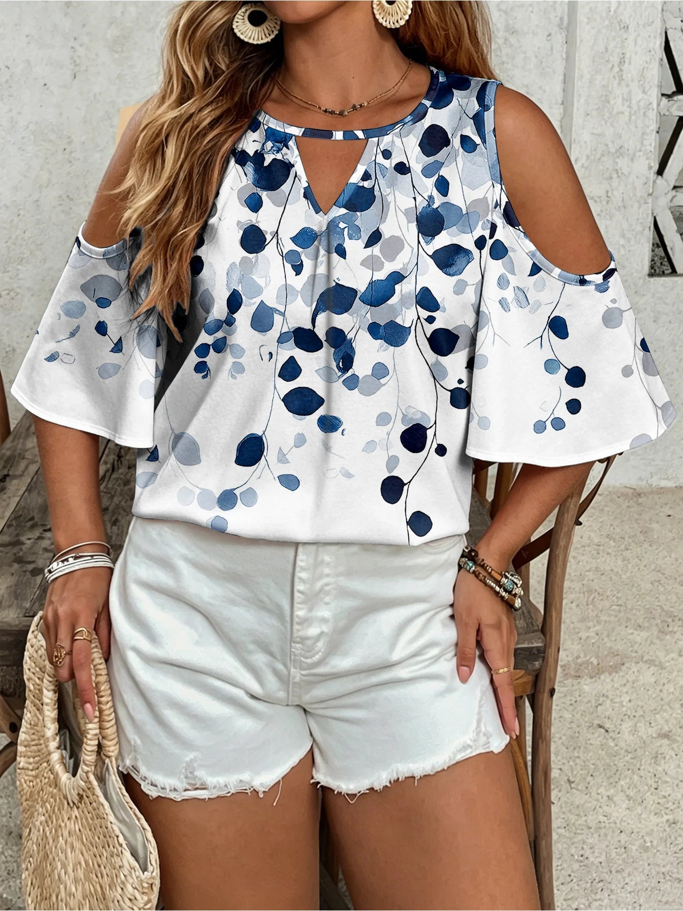 Women's plus size women's blue leaf print off shoulder V-neck hollowed out mid sleeve top, commuting and leisure vacation top Bazaare Mart