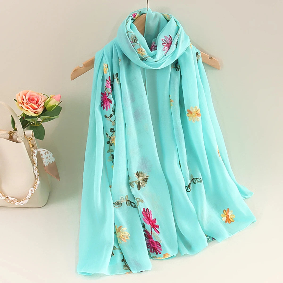 Women’s Cotton Linen Style Embroidered Scarf Shawl – Lightweight Floral Travel Wrap Lake Blue Bazaare Mart Silk Scarf