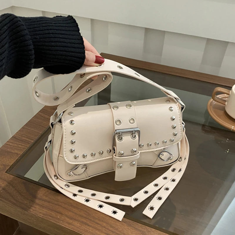 Studded Baguette Shoulder Bag – Faux Leather Punk Rock Shoulder Purse with Buckle & Rivet Details Bazaare Mart Shoulder Purse