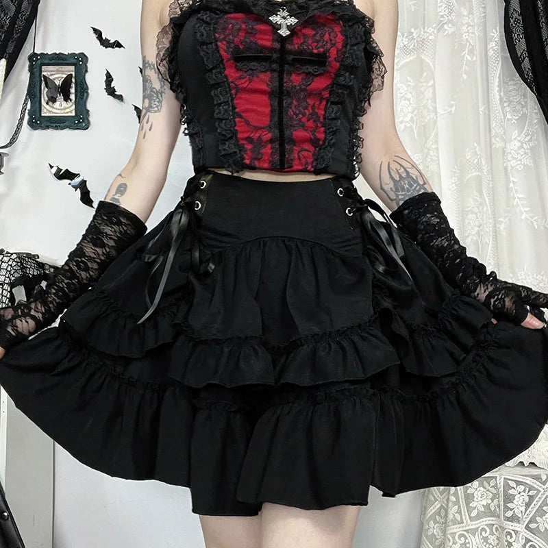 Japanese Gothic Y2k Lolita Style Skirt Women Harajuku Dark Streetwear Lace Mini Cake Skirt Female Fashion Slim Outfitn Bazaare Mart
