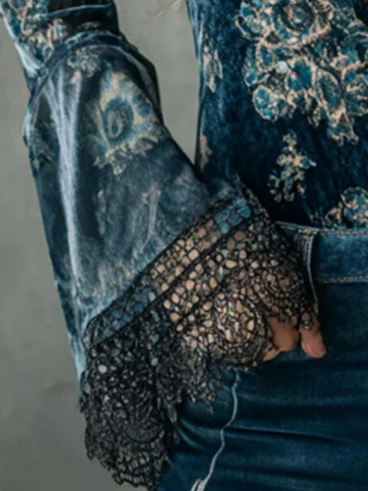 Women's Vintage Velvet Lace V-Neck Blouse – Floral Bell Sleeve Top