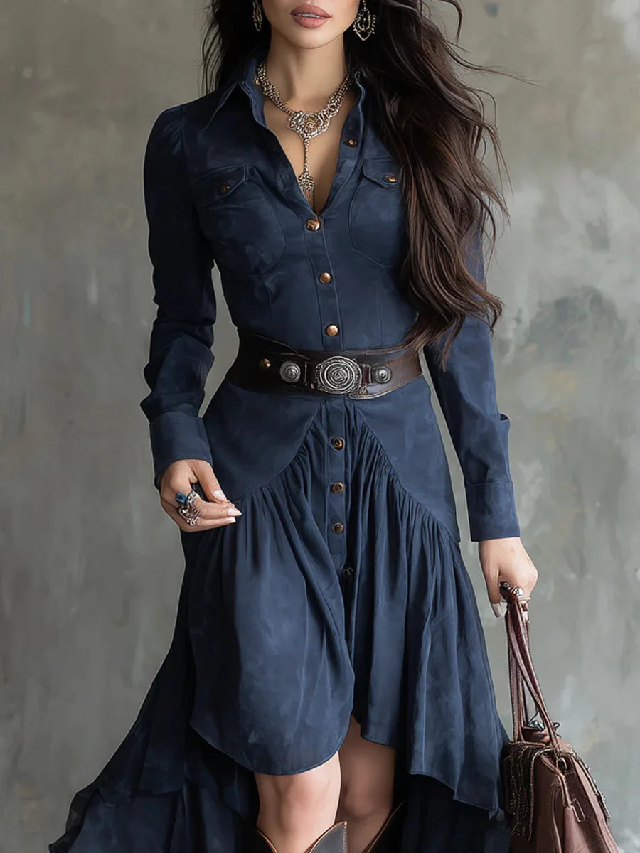 Western Style French Suede High Low Layered Dress with Belt