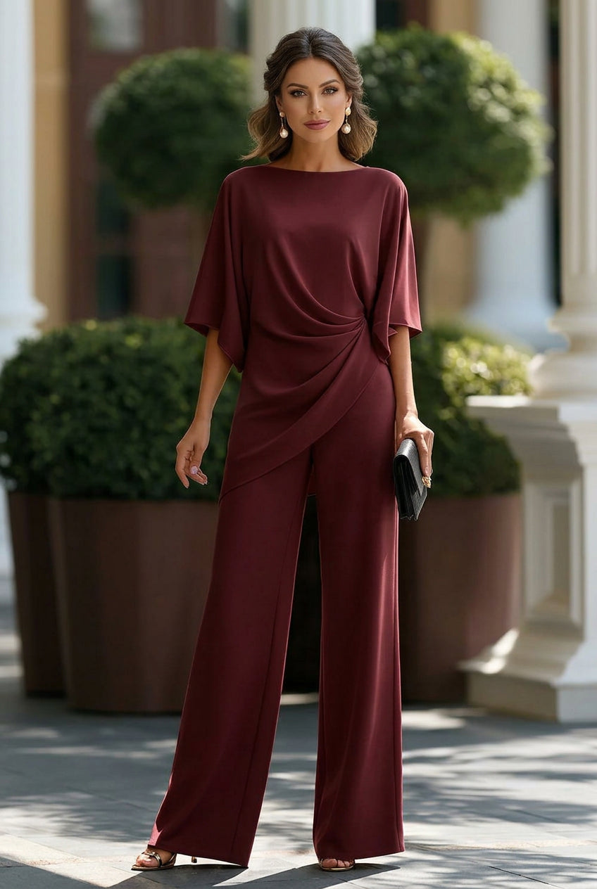 Draped Two-Piece Pants Set with Cape Sleeves and Wide-Leg Pants