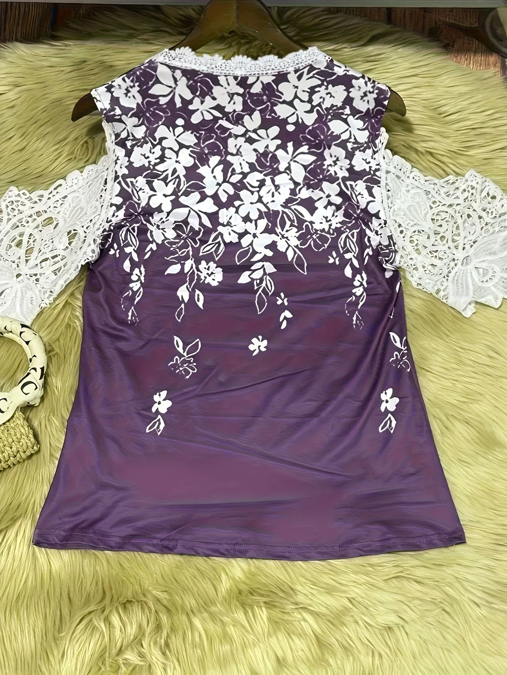 Large size women's fashionable temperament lace patchwork V-neck print off shoulder sleeves lace patchwork top Bazaare Mart