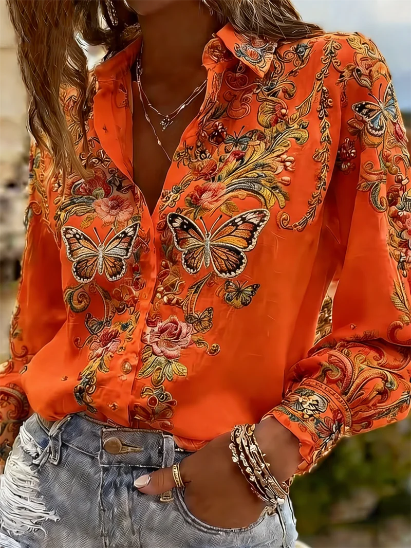 Women's Butterfly Floral Western Blouse | Long Sleeve Button-Up Shirt