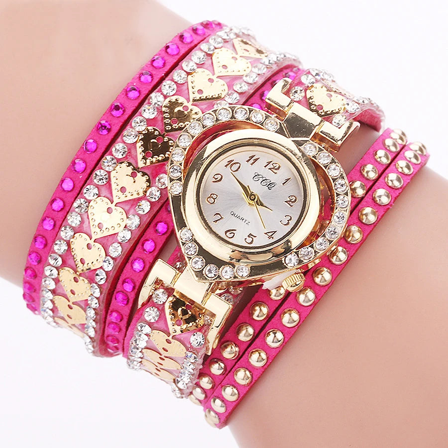 Women's Rhinestone Heart Wrap Bracelet Watch | Elegant Leather Quartz Watch Rose Bazaare Mart Ladies Watch
