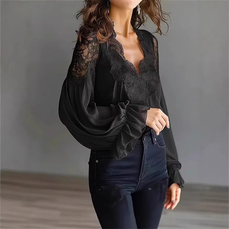 Lace-Trim V-Neck Chiffon Blouse with Long Puff Sleeves