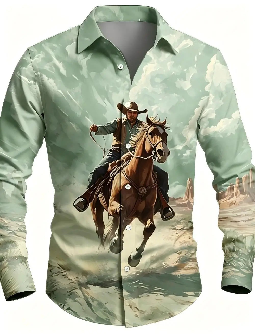 Men's Western Cowboy Riding Shirt – 3D Printed Long Sleeve Button-Up
