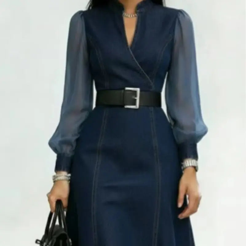Sheer Long Sleeve V-Neck Slimming Denim Waist-Cinching with Belt Dress