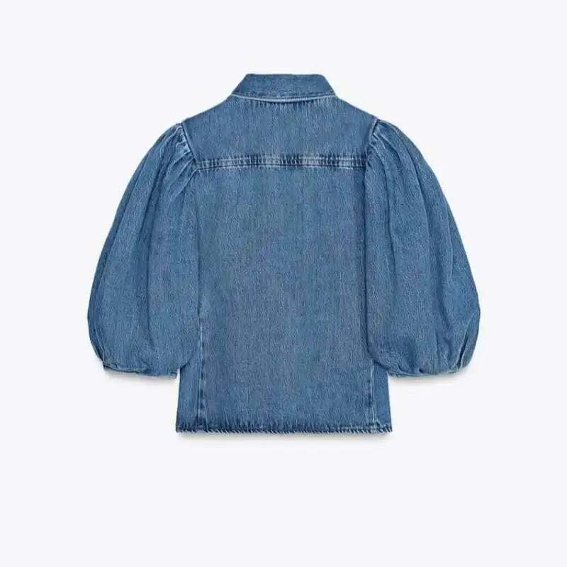 Denim Puff Sleeve Shirt & Wide Leg Jeans