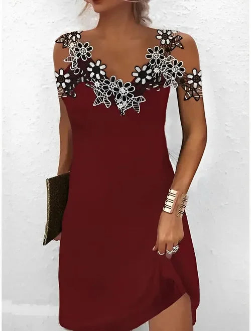 Women's Lace Cold Shoulder Summer Dress | Elegant V-Neck A-Line Sleeveless Dress Red Bazaare Mart Summer Dress