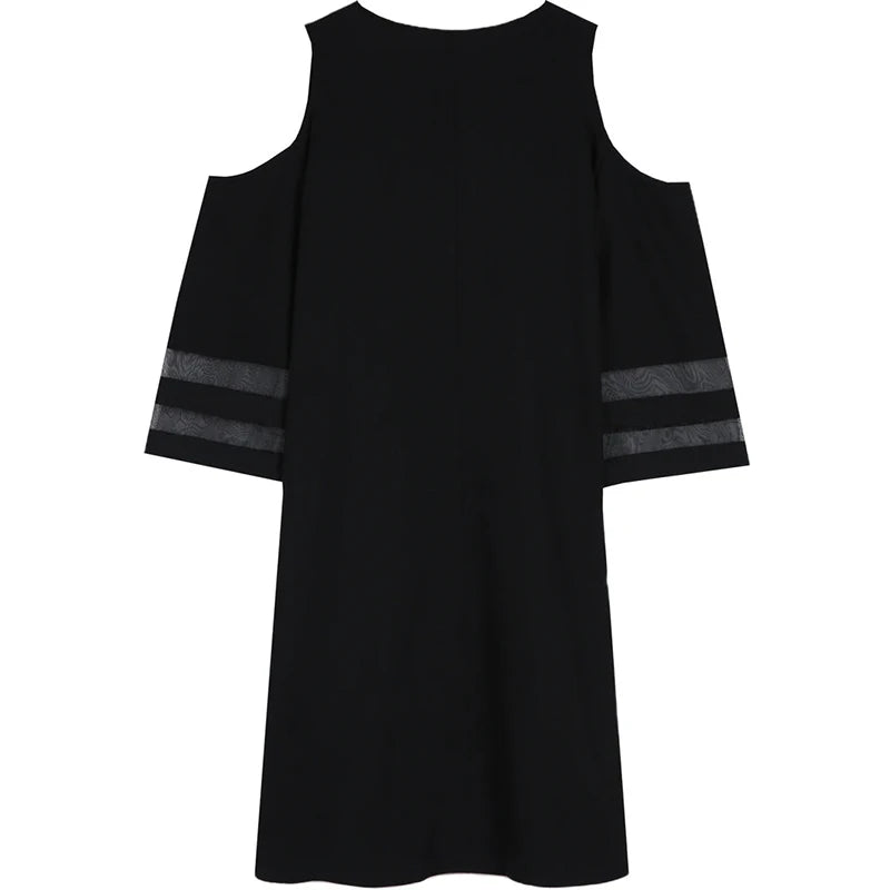 Summer Cold-Shoulder V Neck Stripe Mesh Sleeve Dress Bazaare Mart Black V-Neck Dress