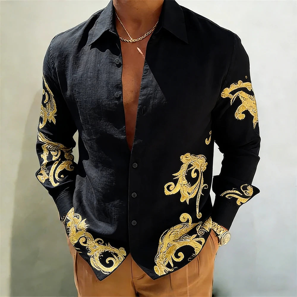Men's Gold Baroque Print Button-Up Shirt – Long Sleeve Statement Shirt
