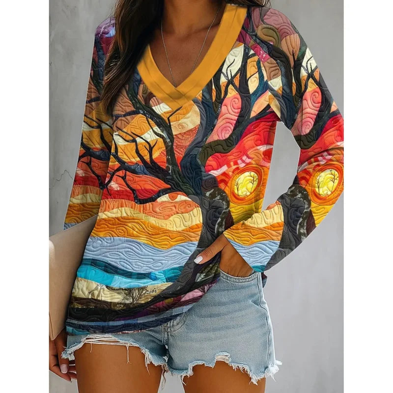 Ombre Graphic Winter Tree Long Sleeve V-Neck T-Shirts