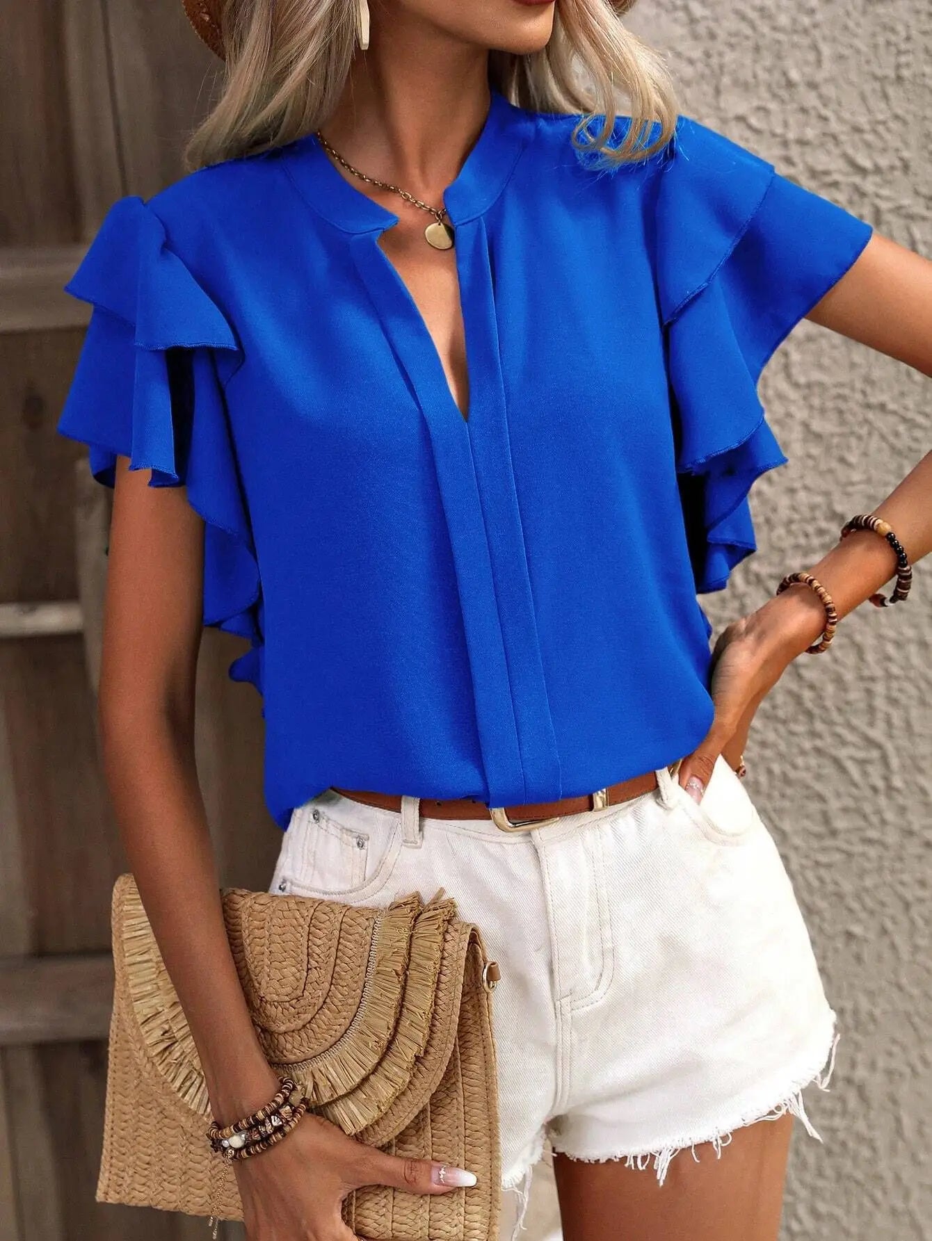 V-neck Ruffle Sleeve Solid Color Blouse