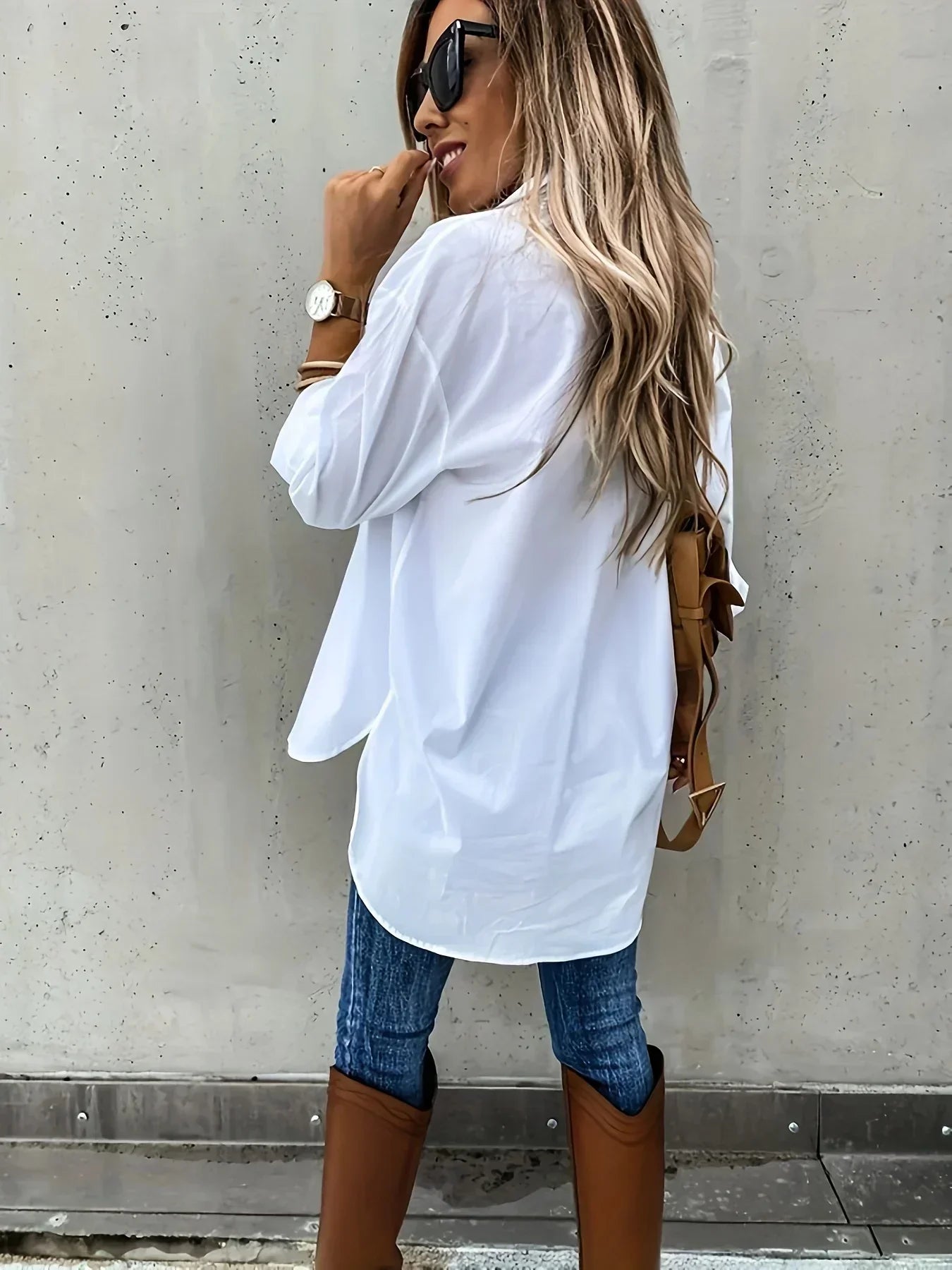Solid Color Long Rolled Sleeve Button Up Shirt