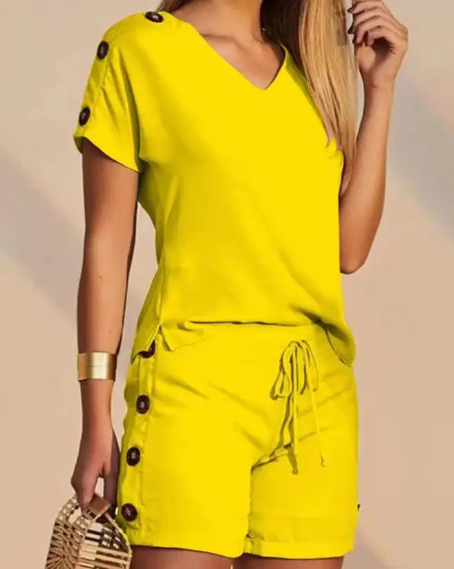Women's V-Neck Top & Drawstring Shorts Set – Casual Summer Two-Piece Outfit, Sizes S-3X Bazaare Mart Shorts Set