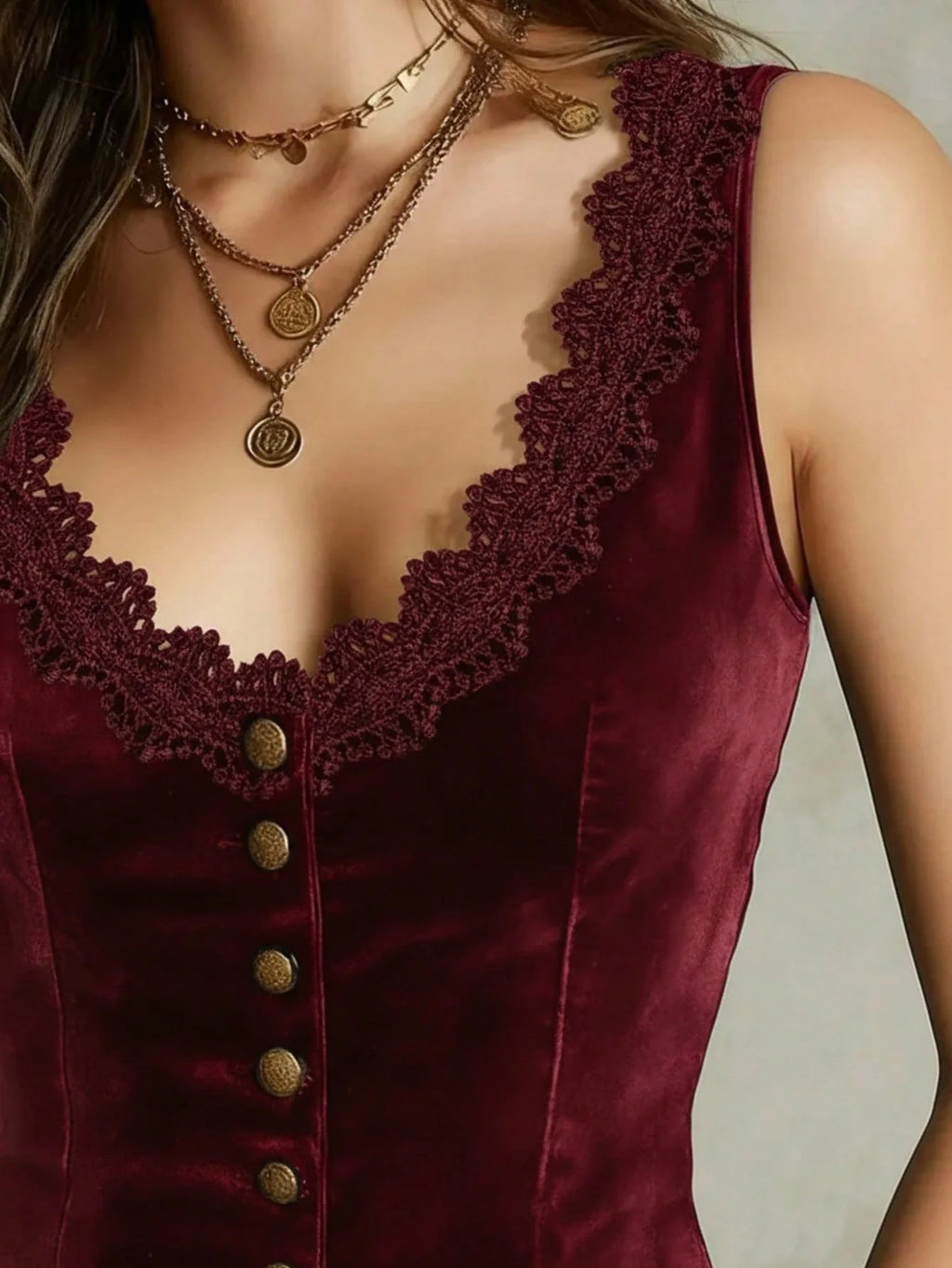 Women's V-Neck Velvet Vest with Lace Trim and Button Design