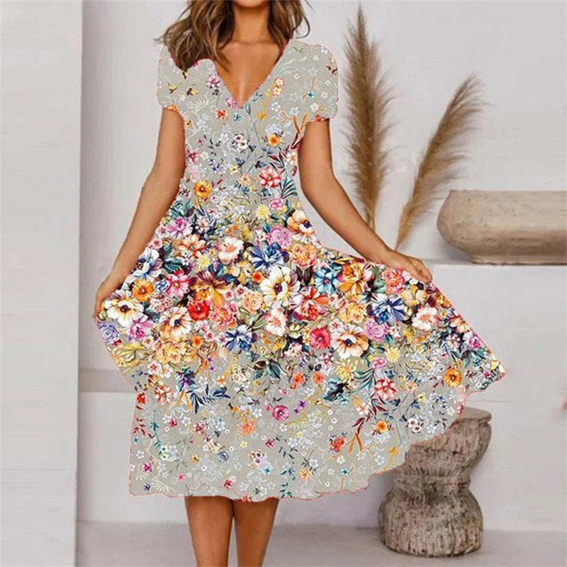 Fashion Flower Print V Neck Short Sleeve Dress Trend Streetwear Ladies Summer Vacation Casual Commuter Dressy Women Big Hem Gown Bazaare Mart