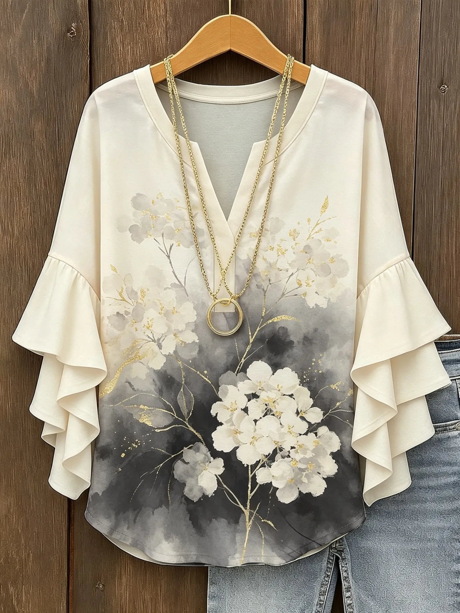 Women's V Neck Ruffle Half Sleeve Lotus Print Blouse, Casual Daily Holiday Tops Mint Green White Spring Summer HCHLD20263017Y Bazaare Mart