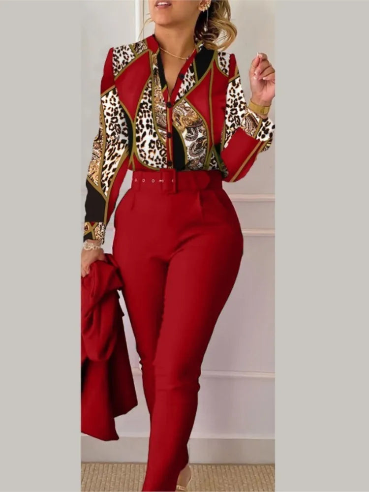 Print Long Sleeve Shirt Matching Pants Sets With Belt
