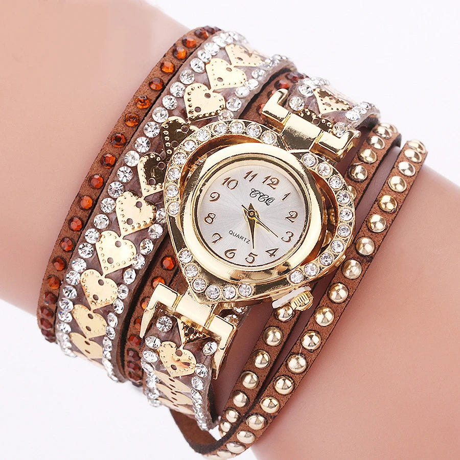 Women's Rhinestone Heart Wrap Bracelet Watch | Elegant Leather Quartz Watch Brown Bazaare Mart Ladies Watch