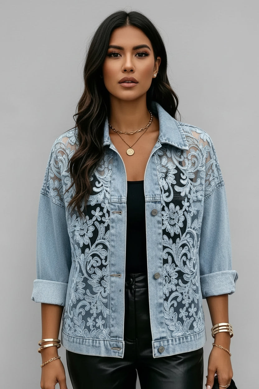 Women's See-Through Lace Patchwork Denim Jacket Casual Loose Button Up Jean Coat Trendy Long Sleeve Streetwear Outerwear Coat Bazaare Mart