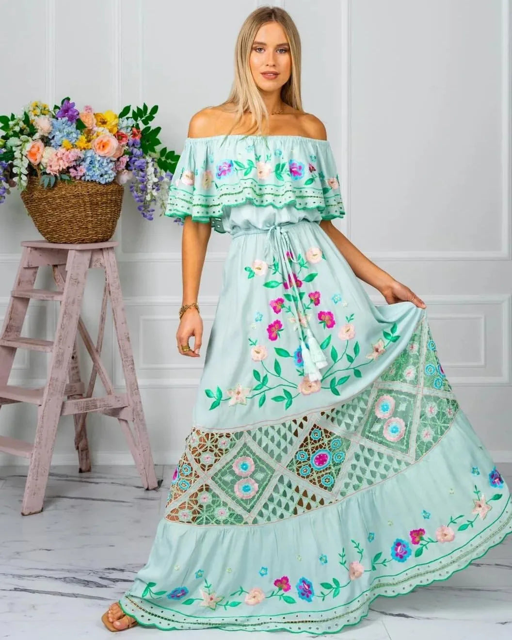 Off-shoulder Long Ruffled Peasant Dress
