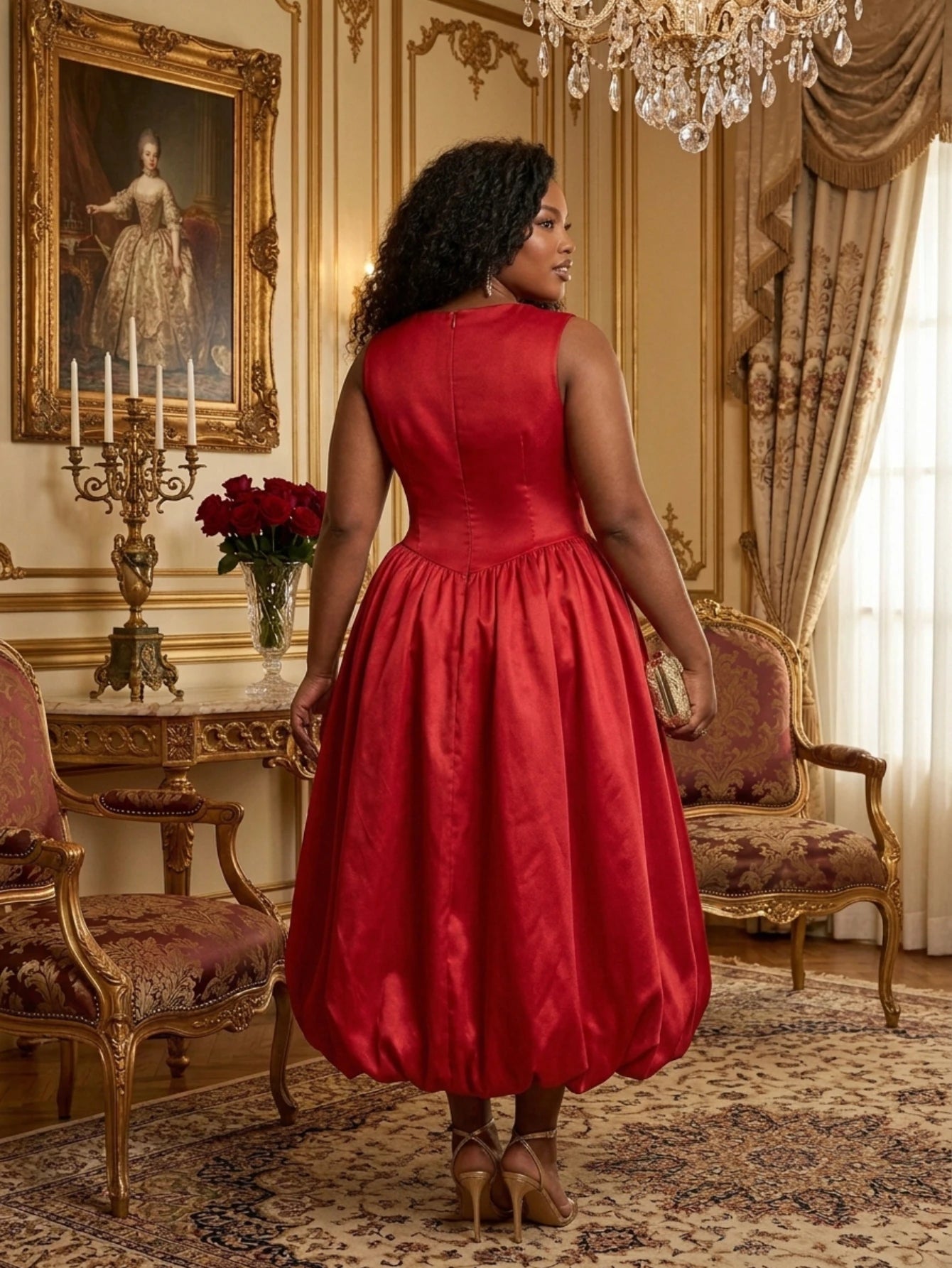 Red Satin Pleated Midi Dress – Elegant Sleeveless Dress for Weddings & Special Occasions
