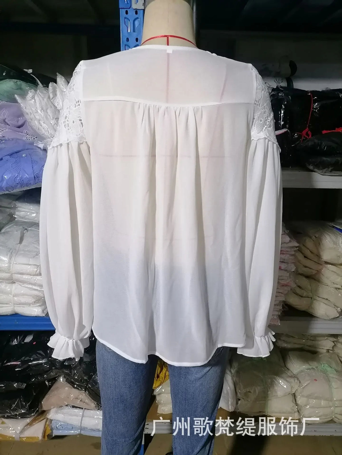 Lace-Trim V-Neck Chiffon Blouse with Long Puff Sleeves