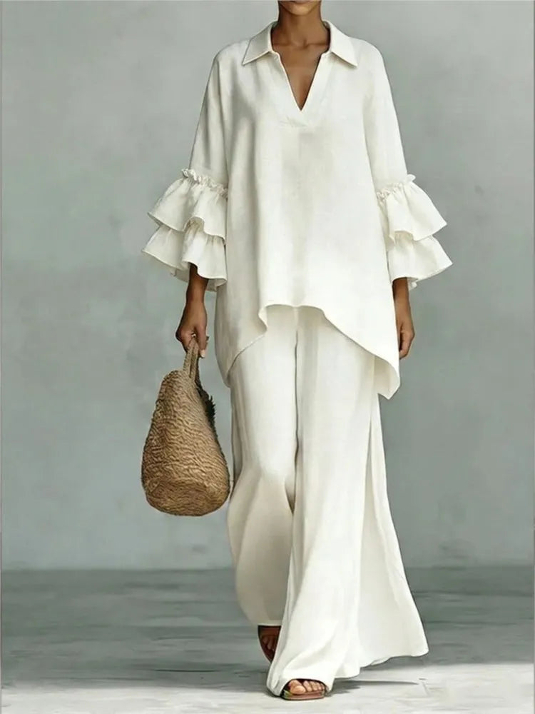 Women's 2-Piece Wide-Leg Pants Set with Ruffle Sleeves