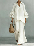 Women's 2-Piece Wide-Leg Pants Set with Ruffle Sleeves