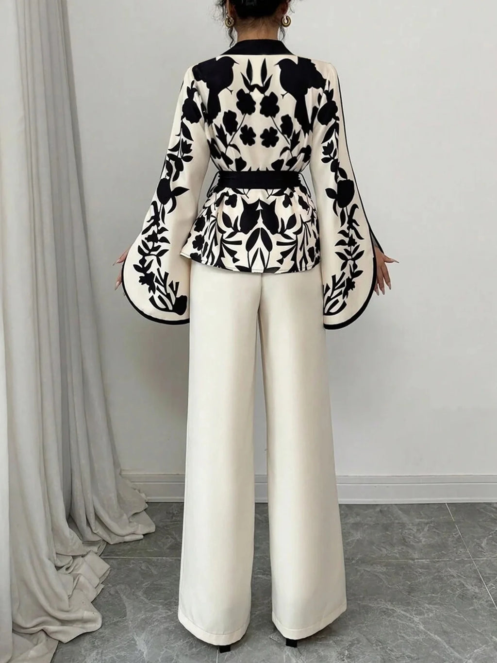 B&W Floral Print Wrap Blouse