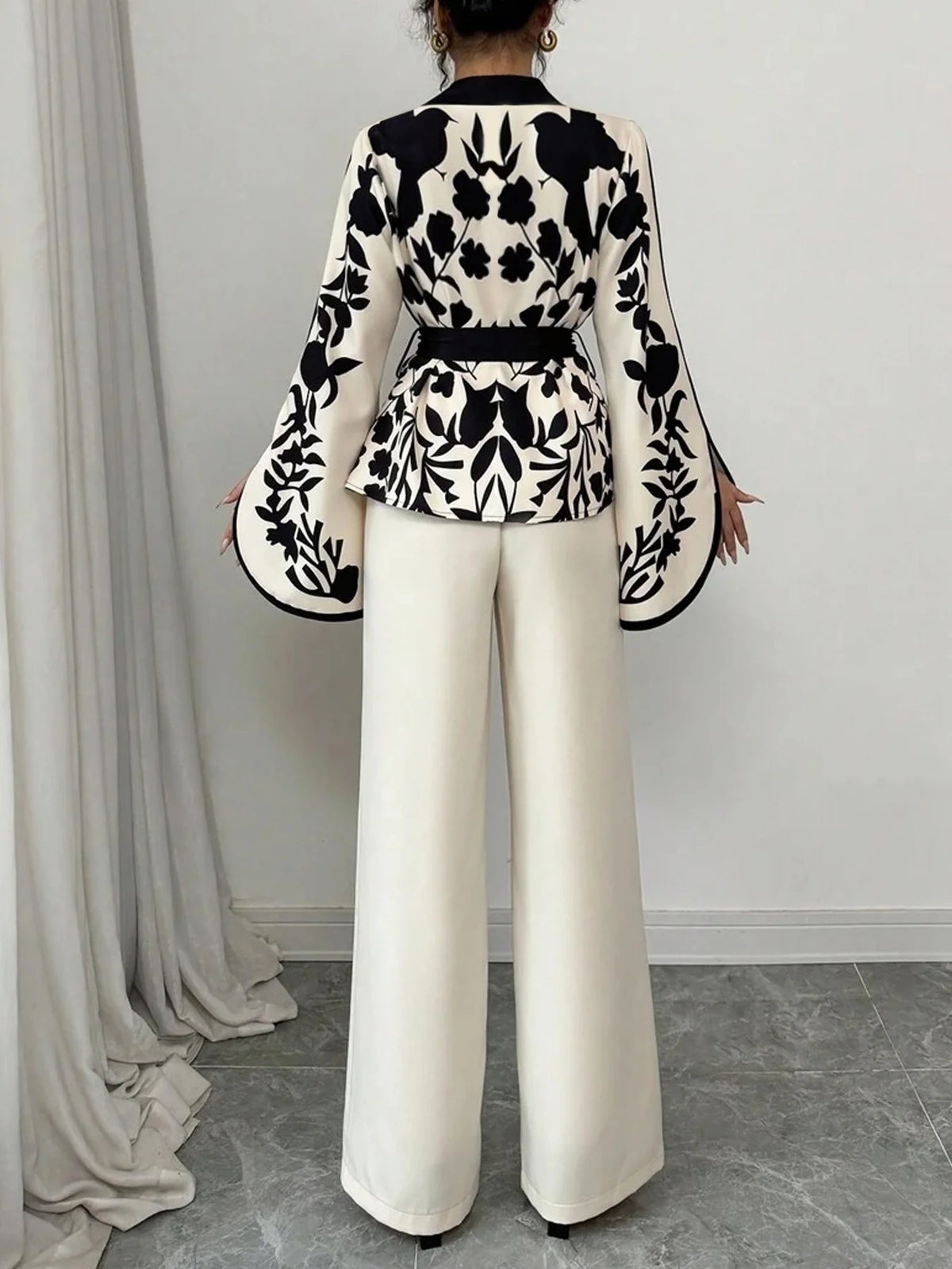 B&W Floral Print Wrap Blouse