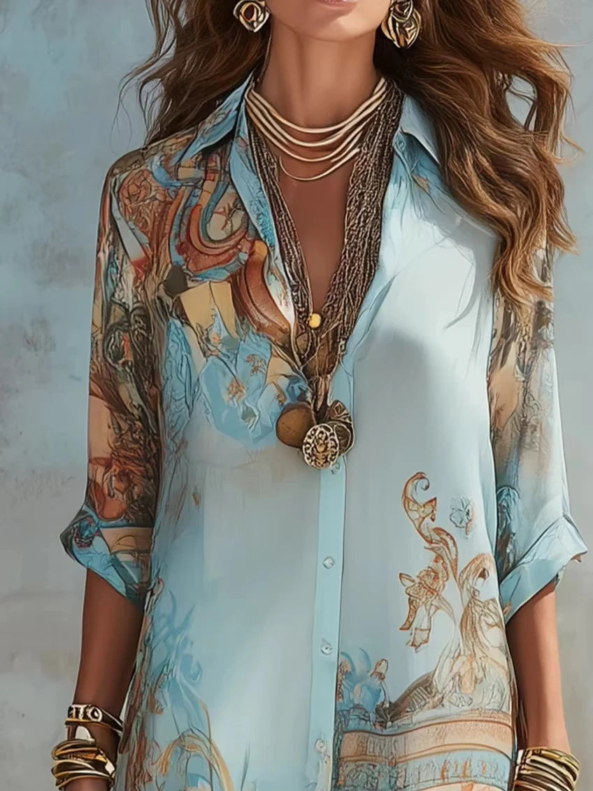 Elegant Printed Chiffon Maxi Shirt Dress