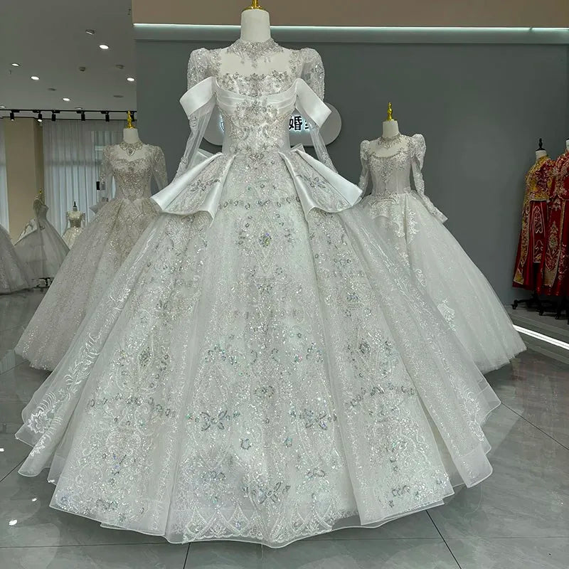 Long Sleeve Princess Sparkling Beaded Bridal Gown Bazaare Mart Beaded Long Sleeve Bridal Gown