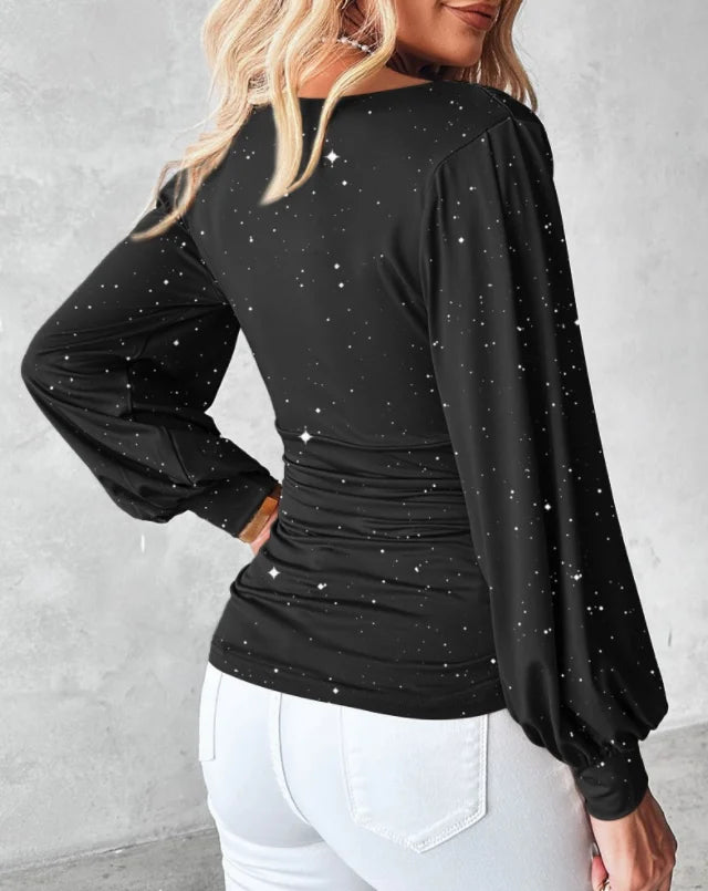 Women's Sparkling Sequin Blouse with Cowl Neck and Ruched Waist