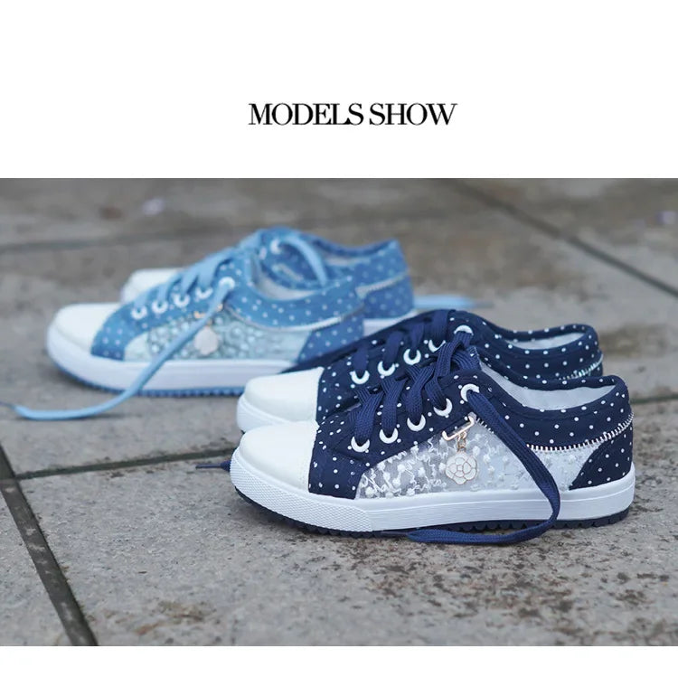 Unique Hollow Mesh Polka Dot Denim Sneakers