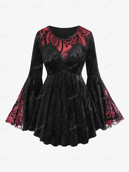 Black Velvet Red Paisley Lace Trim Long Flare Sleeve Top Black Bazaare Mart Red & Black Gothic Blouse