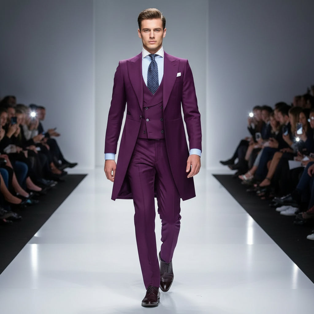 Purple suit with a white shirt and patterned tie 