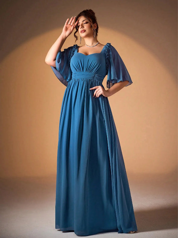Blue Ruffled Flutter Sleeve Pleated Pearl Chiffon Evening Gown