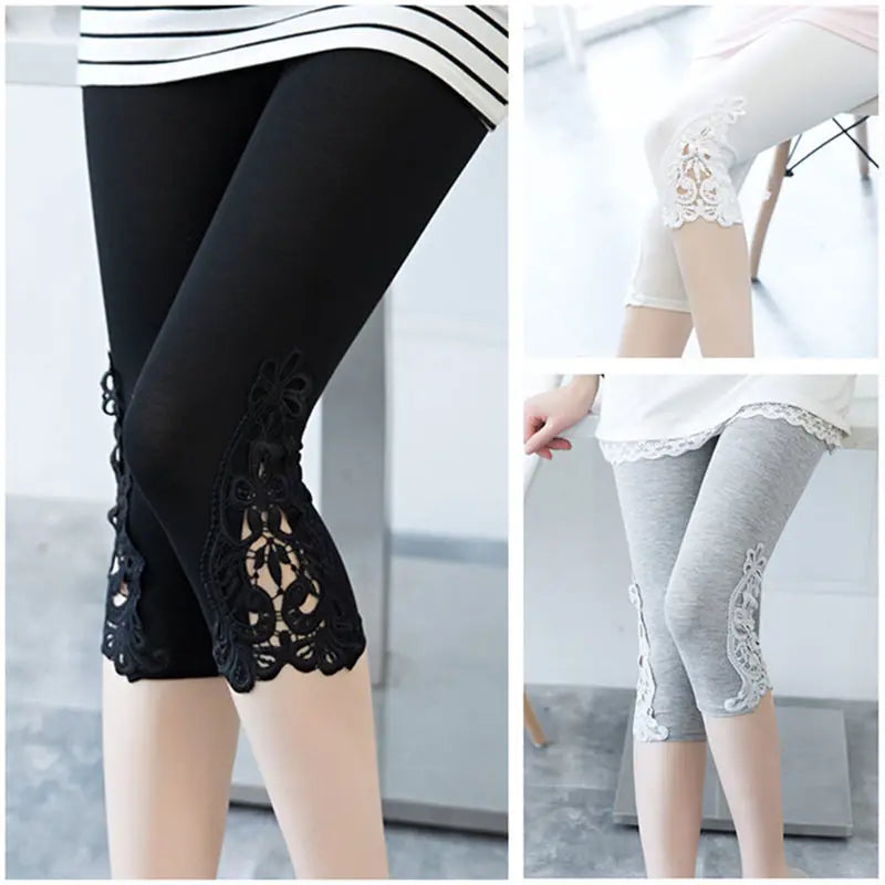 Women's Lace Trim Capri Leggings – High Waist Stretch 3/4 Length Cropped Leggings Bazaare Mart Capris Leggings