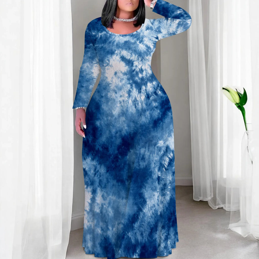 Tie Dye Print Scoop Neck Long Sleeve Maxi Dress Bazaare Mart Tie Dye Print Scoop Neck Long Sleeve Maxi Dress