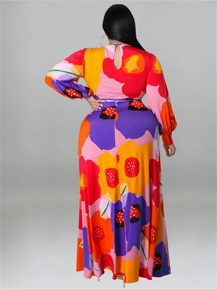 Colorful Long Sleeve Large Print Flower Maxi Dress Bazaare Mart Colorful Long Sleeve Large Print Flower Maxi Dress