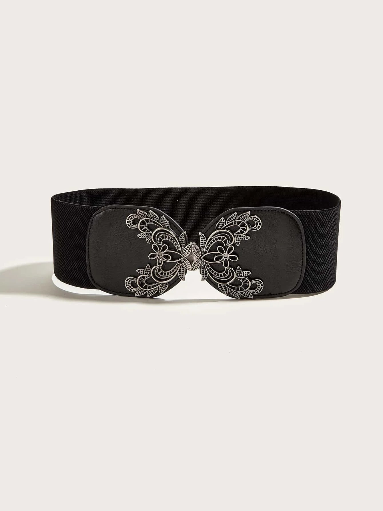 Wide Ornate Buckle Belt Black-Silver Bazaare Mart Wide Ornate Buckle Belt